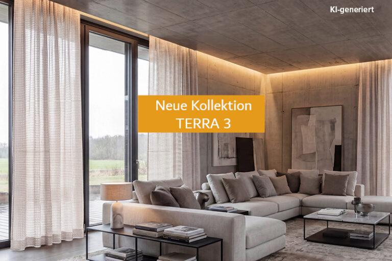 Ein Bild im Wohnzimmer im Industrial Style.Im Fokus steht der Vorhang. Text: Eigenkollektion TERRA 3