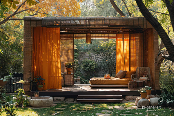 Eine Pergola mit orangen Vorhängen